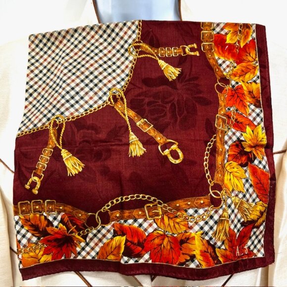 New DAKS Bandana/ Scarf Silk/Cotton 23" Burgendy  black Check Automn leaves (39) - Picture 1 of 7